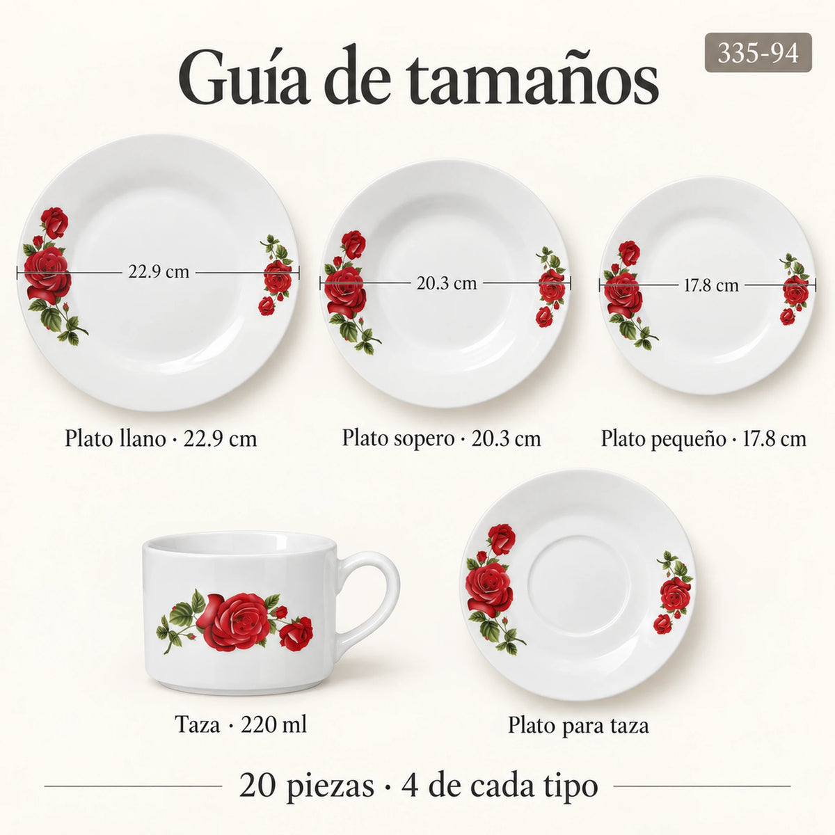 Guía de tamaños de la vajilla de porcelana Lotus, diseño Rosa Imperial