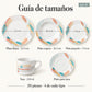 Guía de tamaños de la vajilla de porcelana Lotus, diseño Acuarela Coral