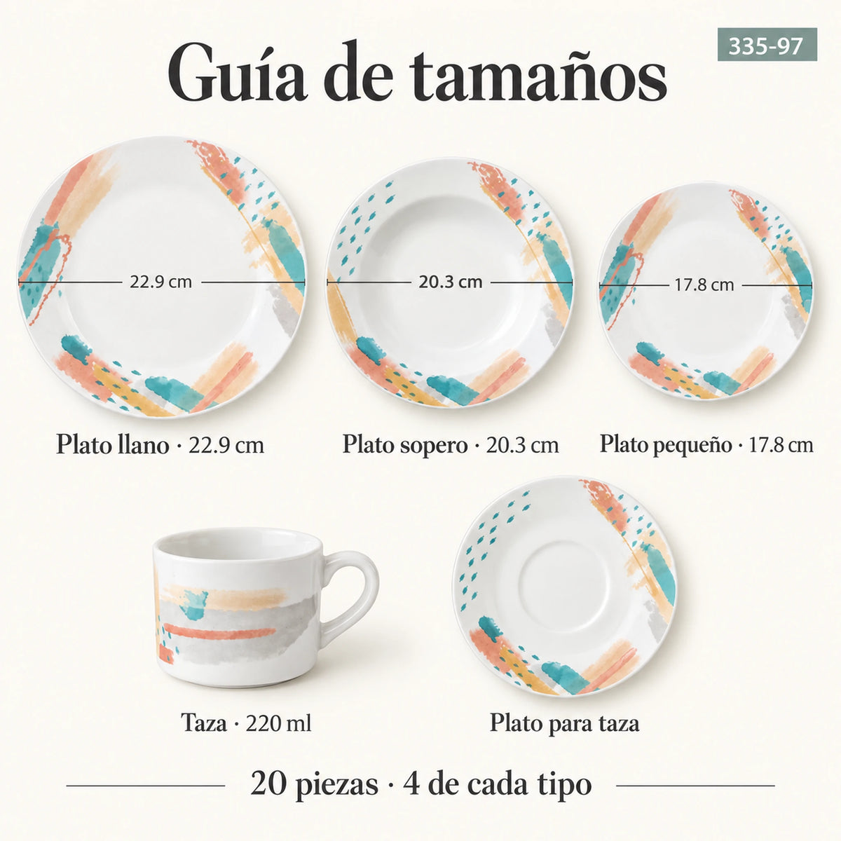 Guía de tamaños de la vajilla de porcelana Lotus, diseño Acuarela Coral