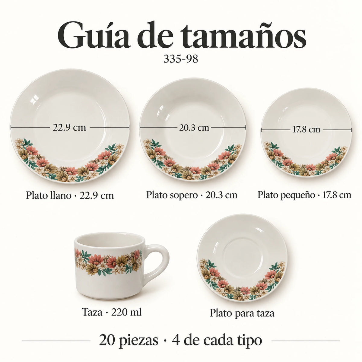 Guía de tamaños de la vajilla de porcelana Lotus, diseño Jardín Toscana