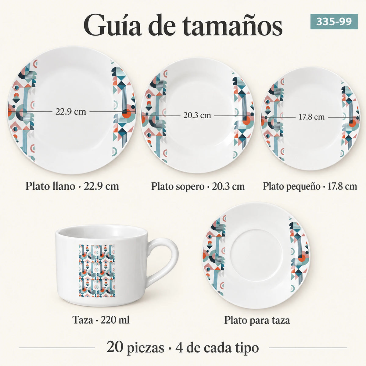 Guía de tamaños de la vajilla de porcelana Lotus, diseño Mosaico Nórdico