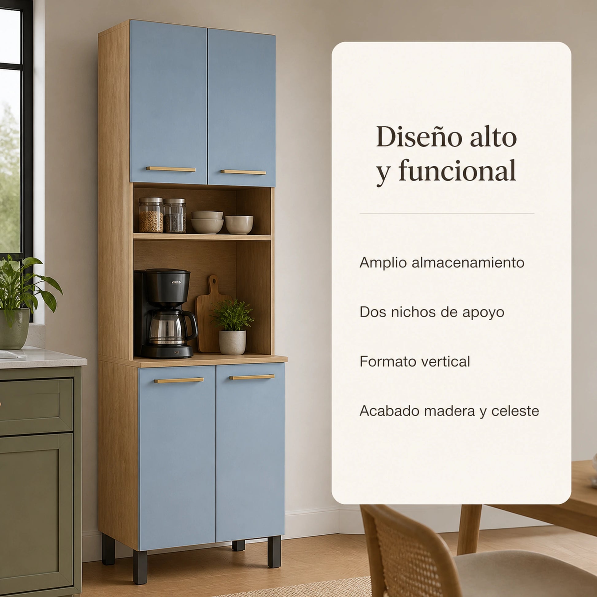 Resumen de beneficios de la alacena alta de cocina: amplio almacenamiento, dos nichos de apoyo, formato vertical y acabado madera y celeste