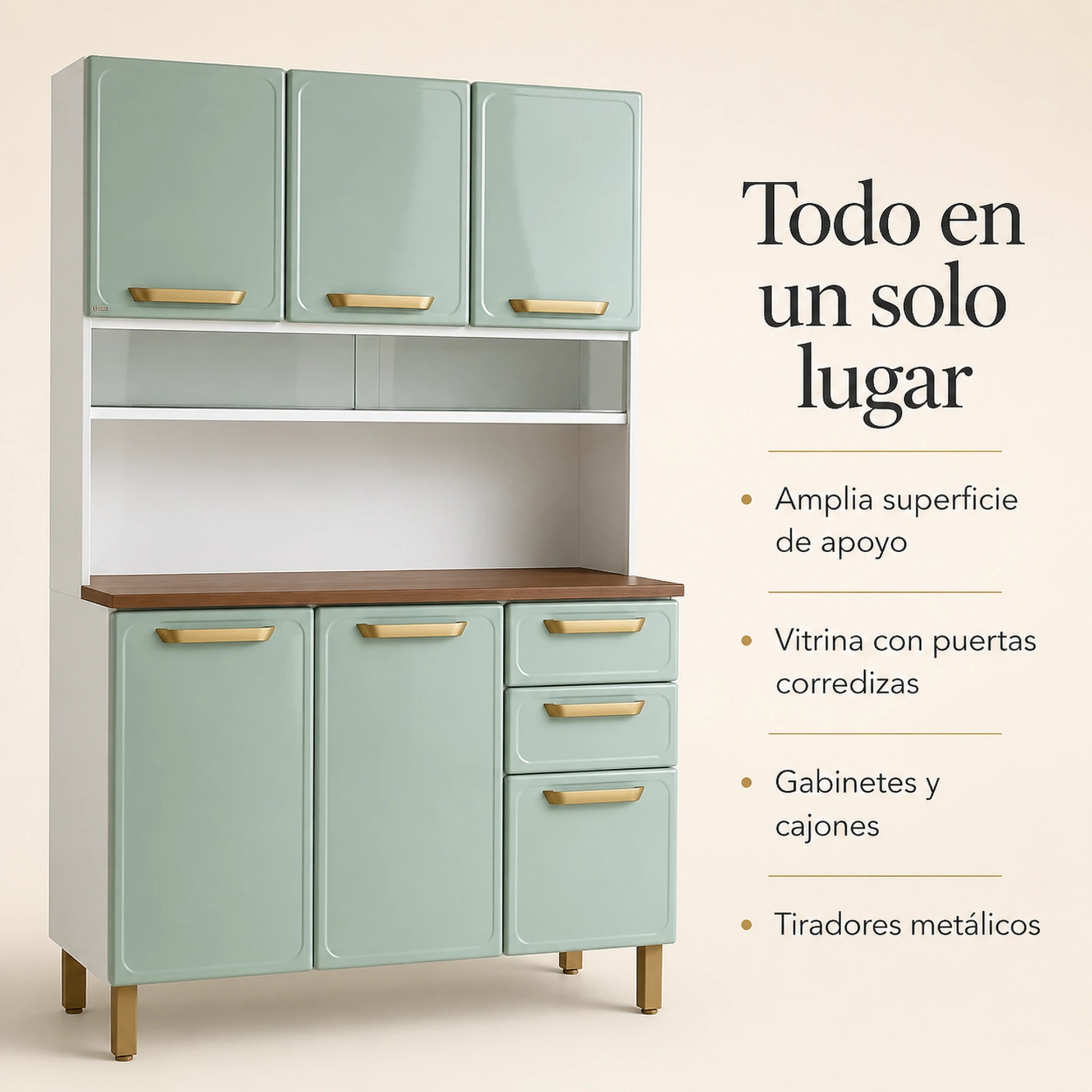 Resumen de beneficios de la alacena de cocina Bertolini: amplia superficie de apoyo, vitrina con puertas corredizas, gabinetes y cajones, tiradores metálicos