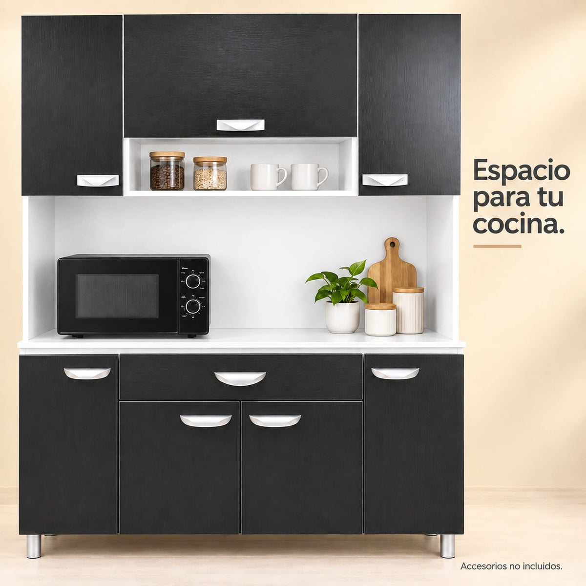 Alacena de cocina 7 puertas y 1 gaveta color Negro/Blanco – nicho central abierto