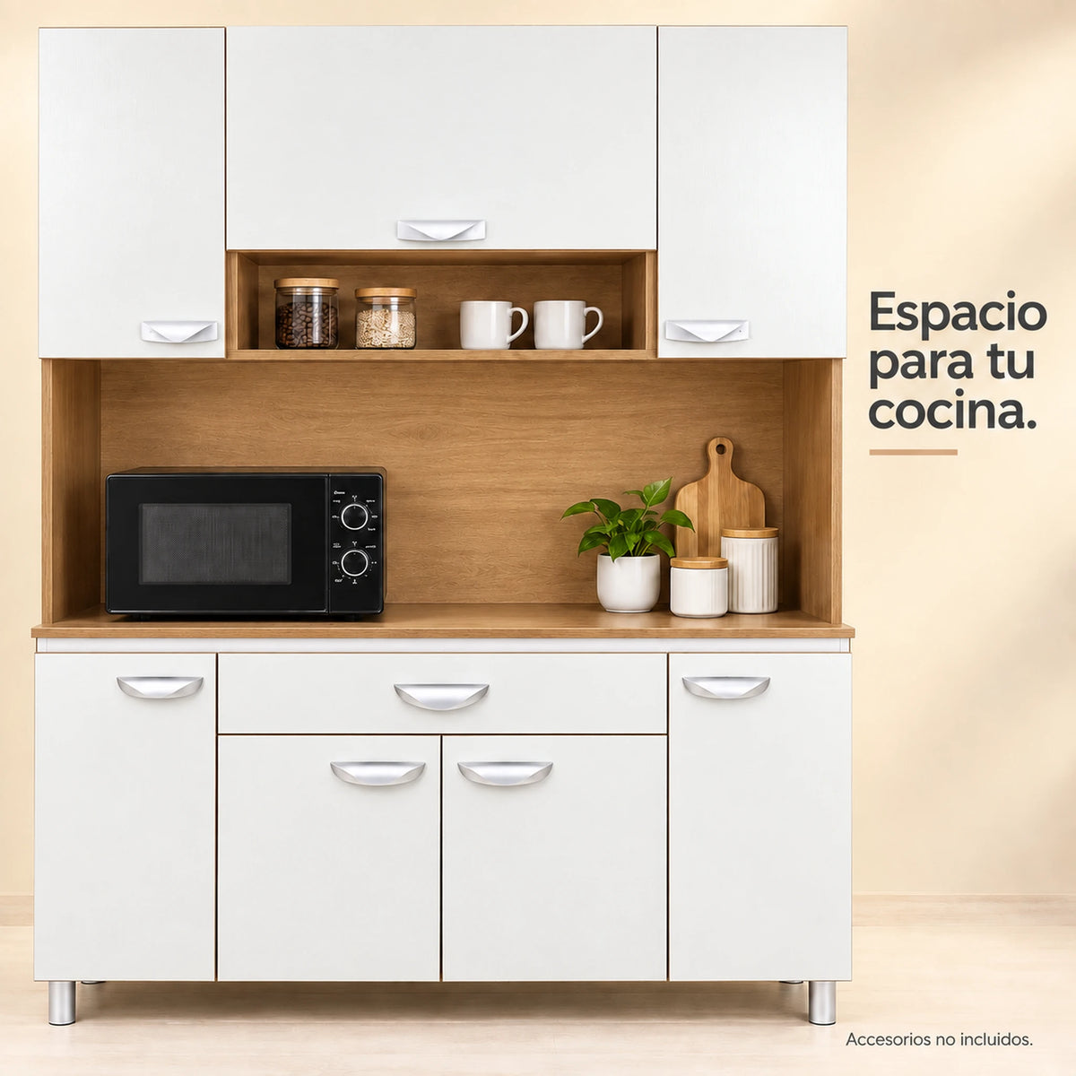 Alacena de cocina 7 puertas y 1 gaveta color Blanco/Roble Miel – nicho central abierto