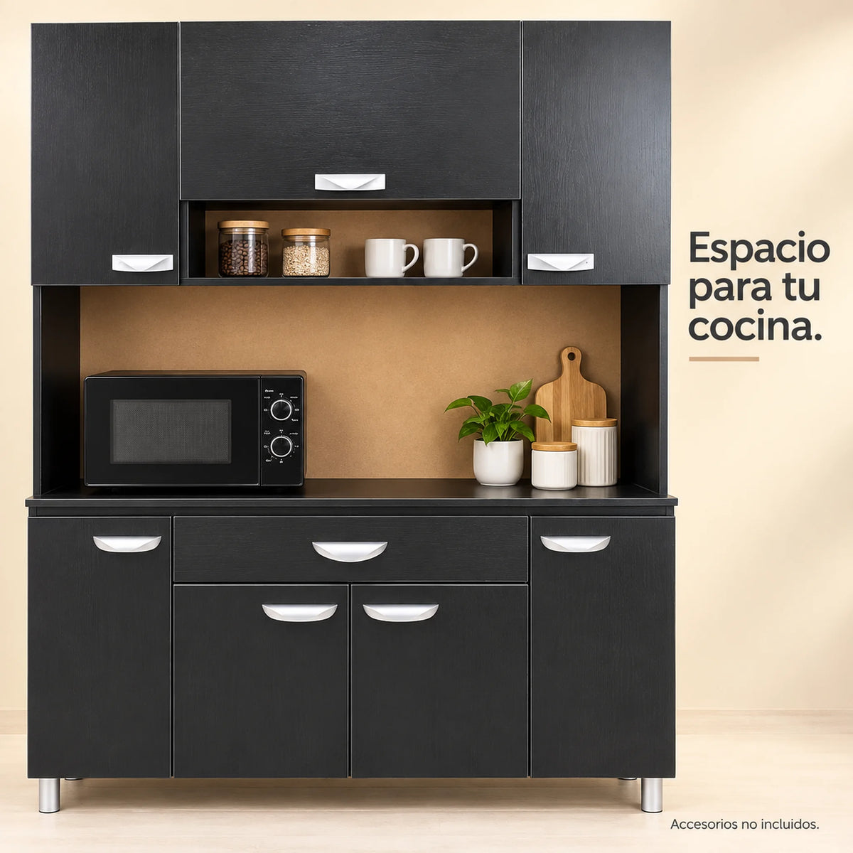 Alacena de cocina 7 puertas y 1 gaveta color Negro/Wengué – nicho central abierto