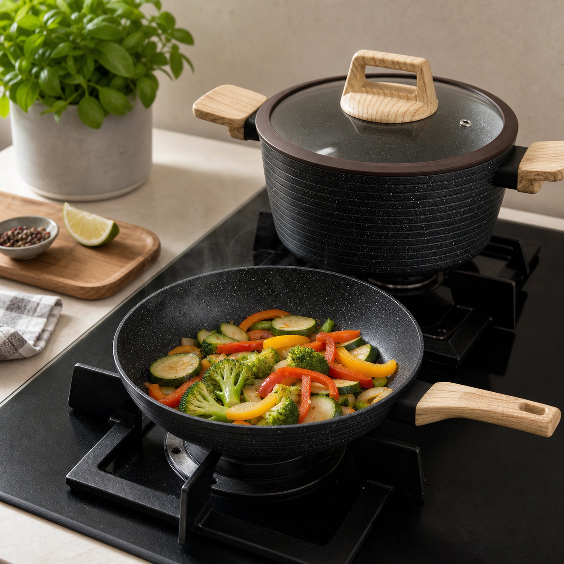 Batería de cocina Negro en uso durante la preparación de alimentos