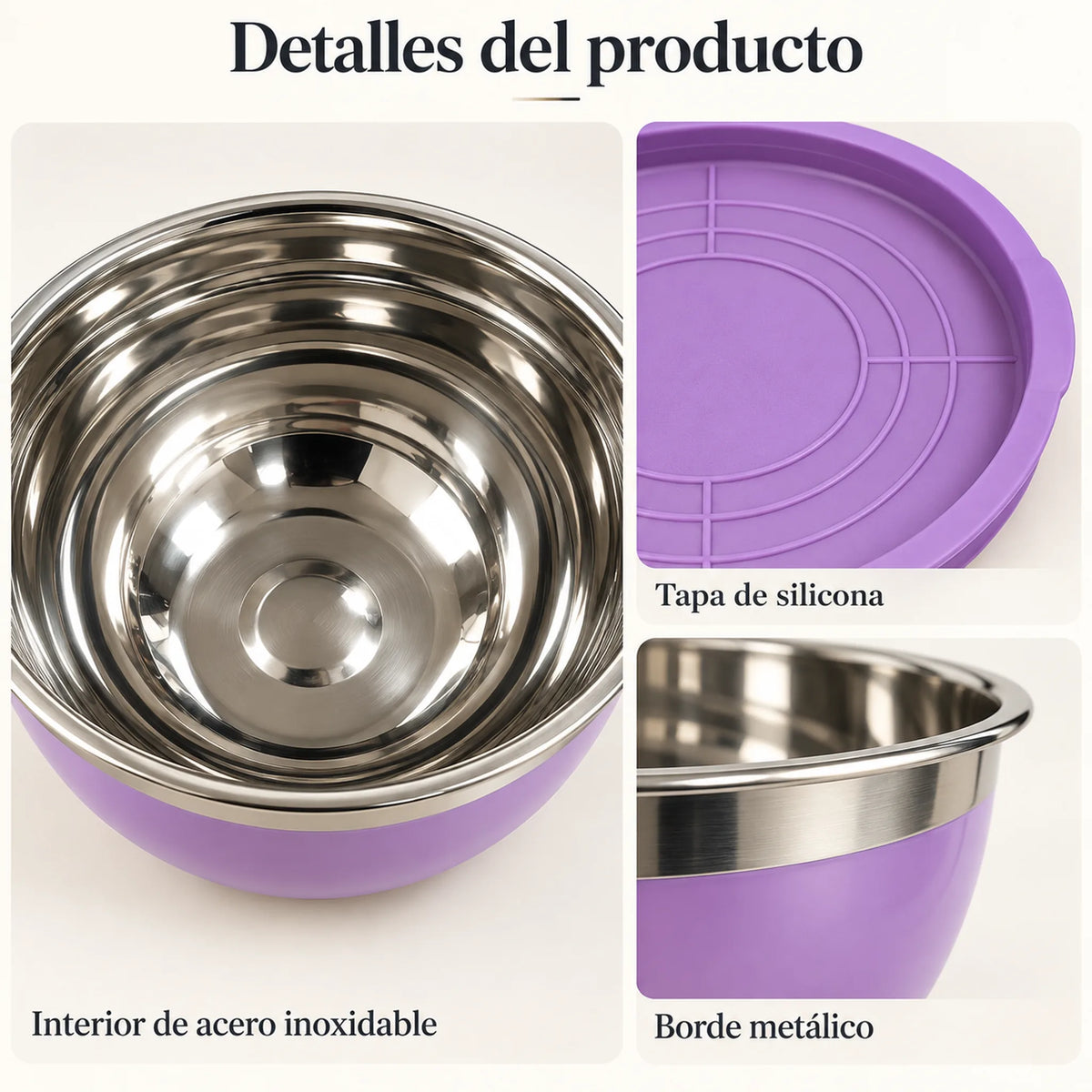 Detalle del interior de acero inoxidable, la tapa de silicona y el borde metálico de los bowls Lotus