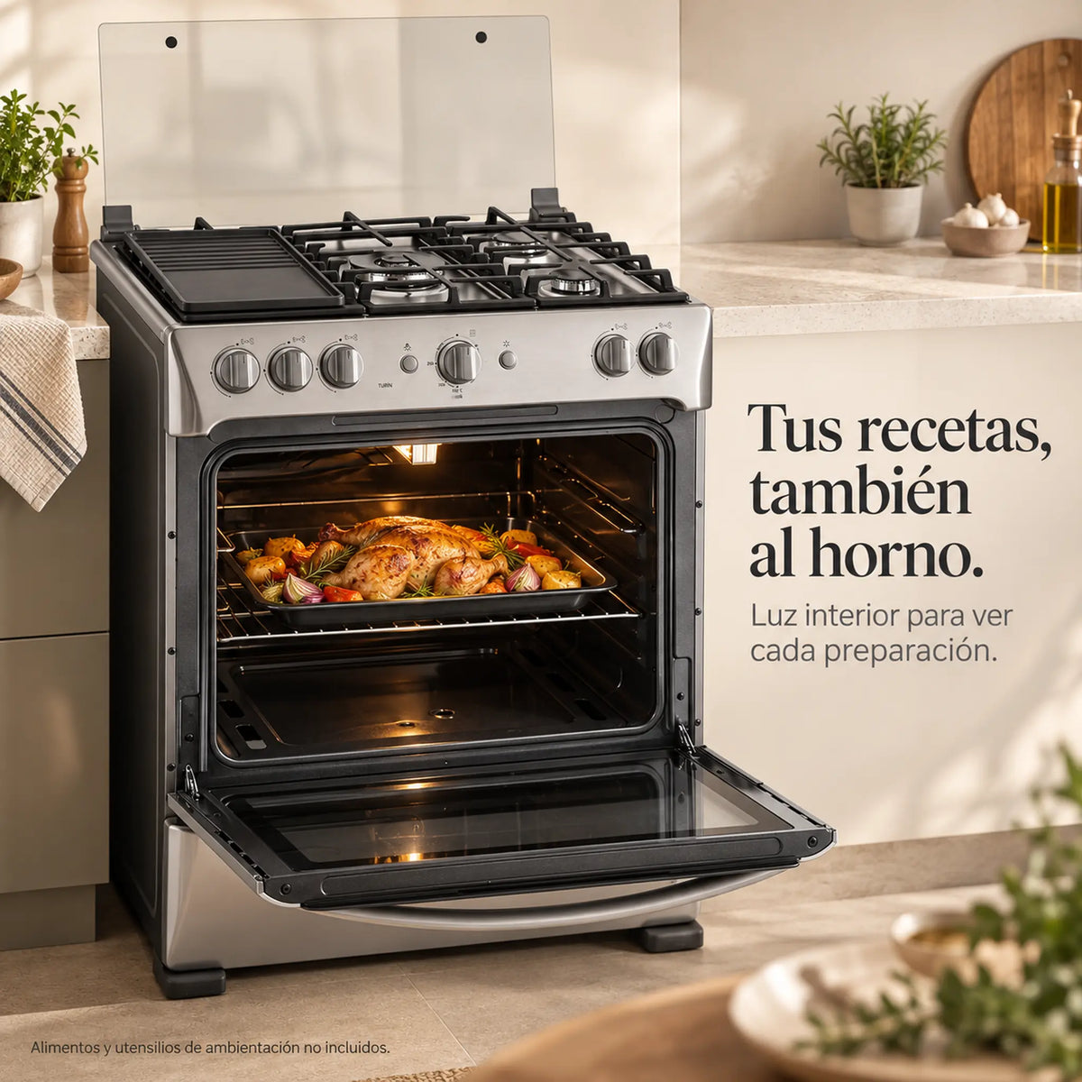 Cocina a Gas Indurama Turín Zafiro, horno en uso horneando un platillo