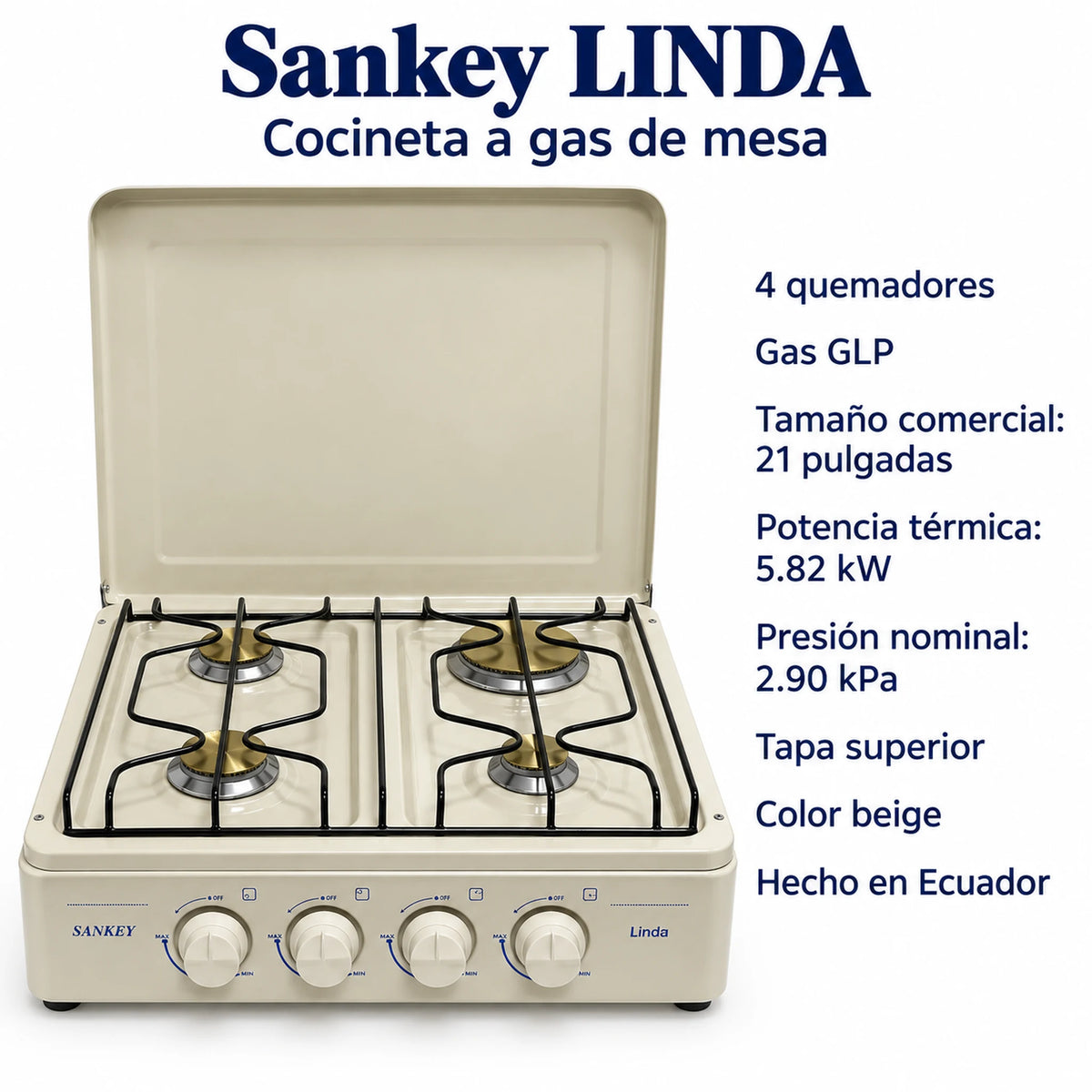 Ficha de especificaciones de la cocina a gas Sankey Linda: 4 quemadores, gas GLP, 21 pulgadas y 5.82 kW