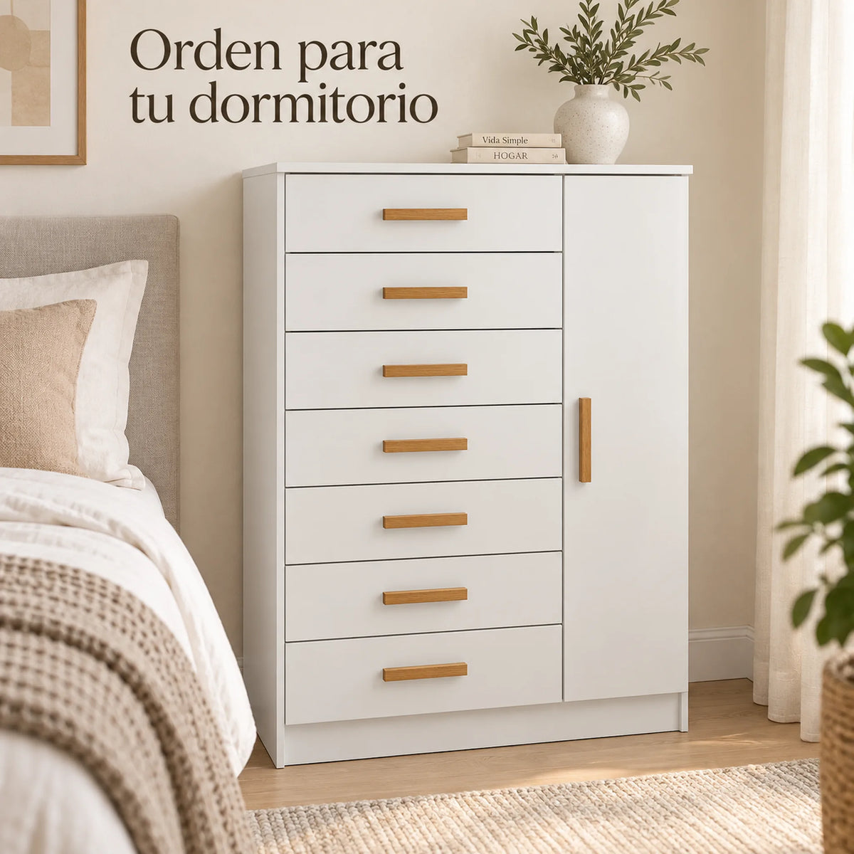 Cómoda New Mónaco acabado Blanco, en un dormitorio