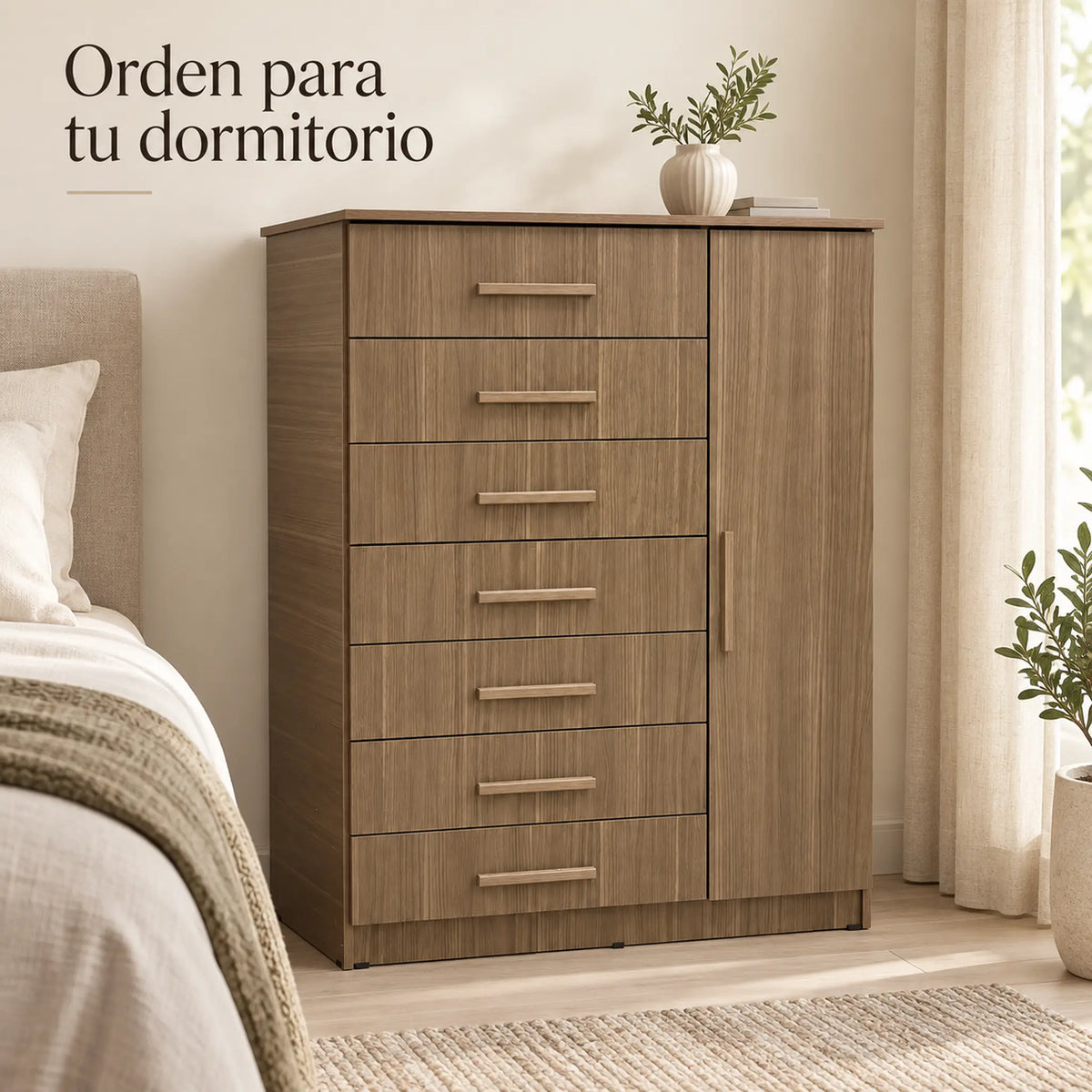 Cómoda New Mónaco acabado Café Veteado, en un dormitorio