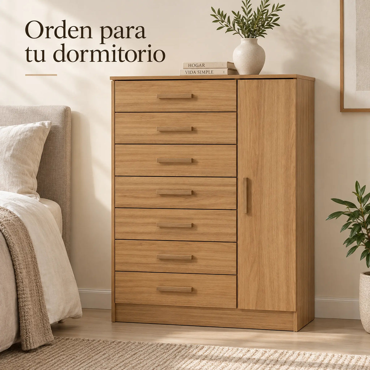 Cómoda New Mónaco acabado Miel, en un dormitorio