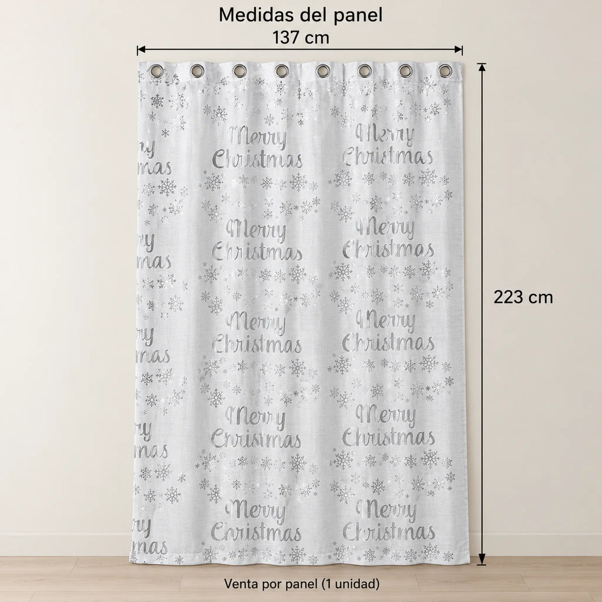 Cortina navideña Pasión Guajira Elfo blanca con letras Merry Christmas y copos plateados – medidas: 137 x 223 cm