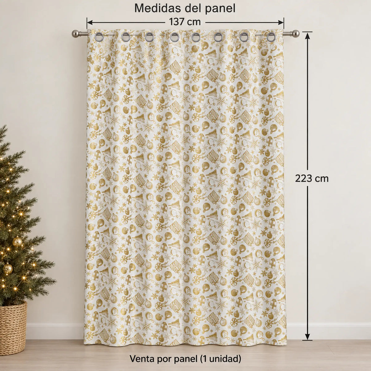 Cortina navideña Pasión Guajira Elfo crema con regalos y copos dorados – medidas: 137 x 223 cm