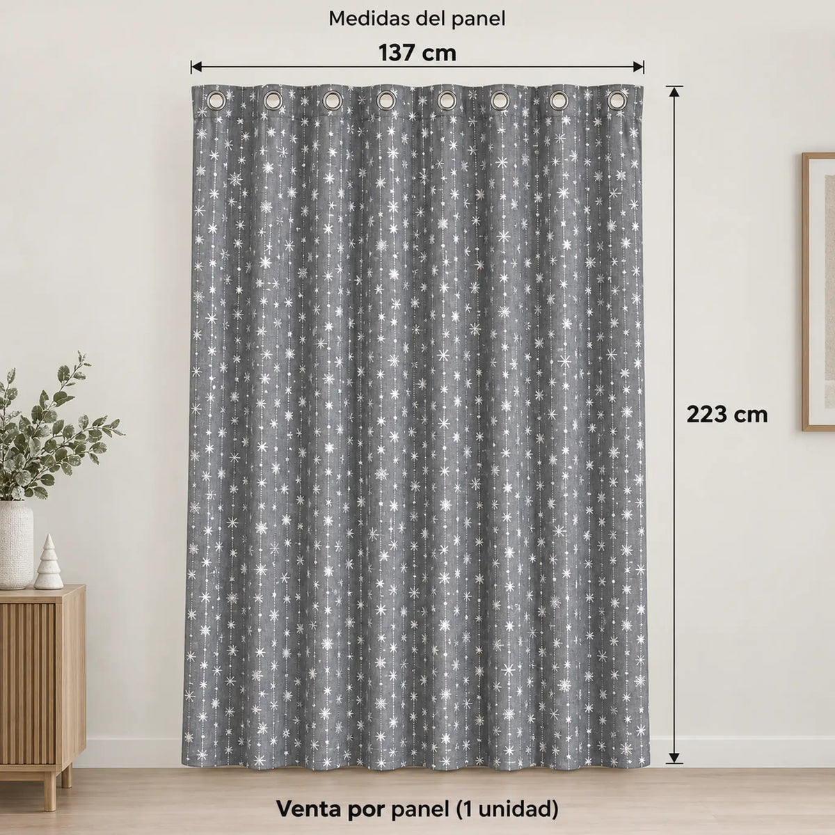 Cortina navideña Pasión Guajira Elfo gris con copos de nieve plateados – medidas: 137 x 223 cm