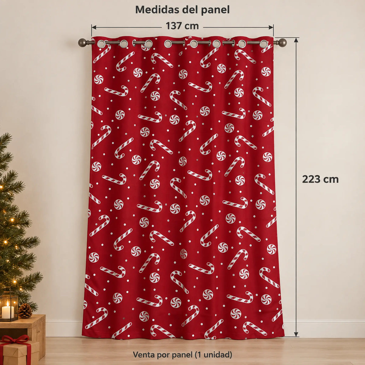 Cortina navideña Pasión Guajira Elfo roja con caramelos navideños plateados – medidas: 137 x 223 cm