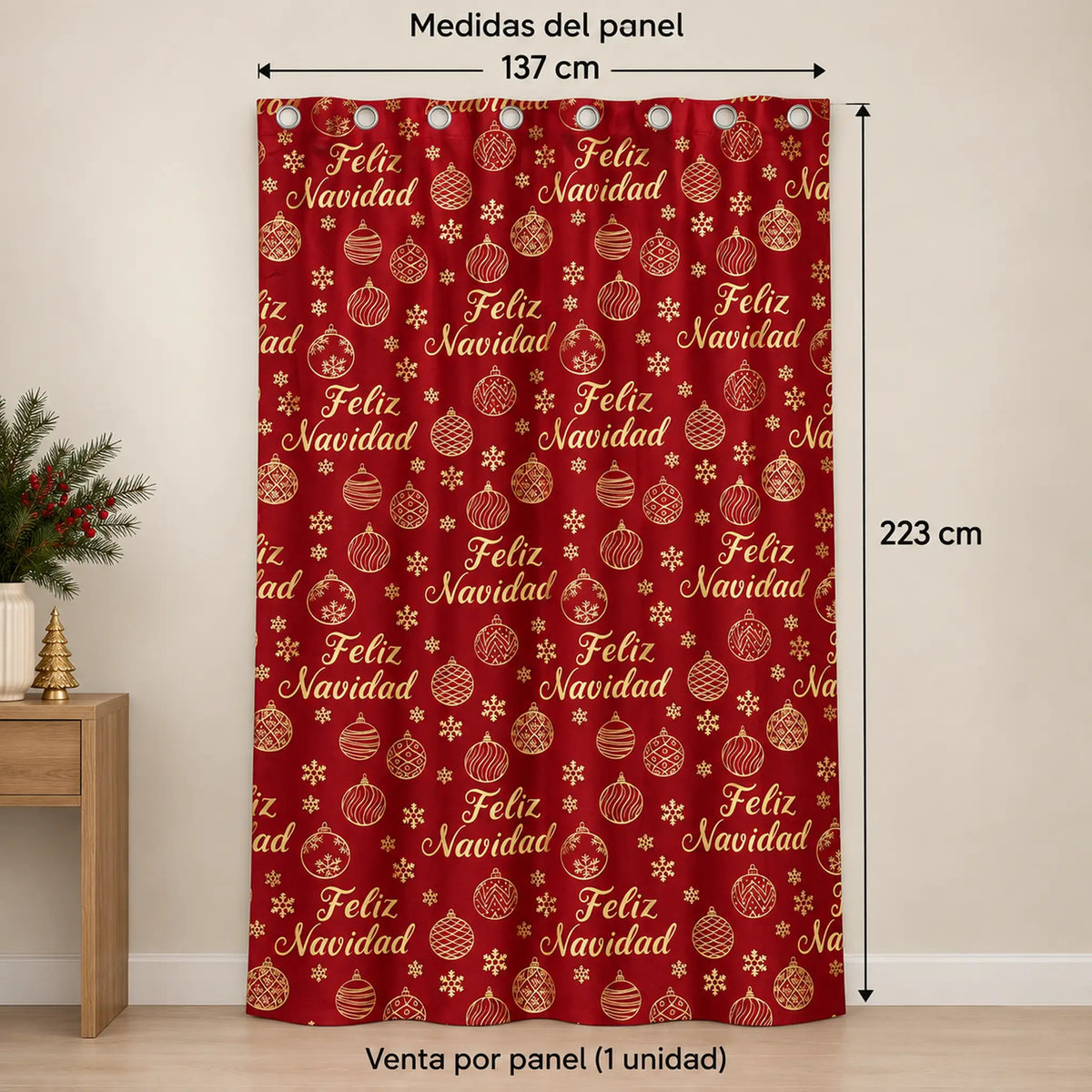 Cortina navideña Pasión Guajira Elfo roja con letras Feliz Navidad doradas – medidas: 137 x 223 cm