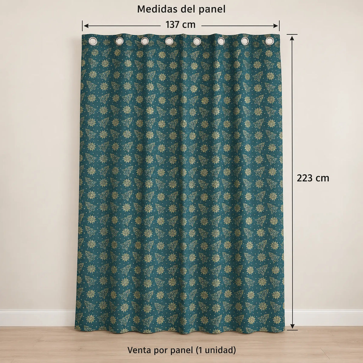 Cortina navideña Pasión Guajira Elfo verde con árboles navideños dorados – medidas: 137 x 223 cm