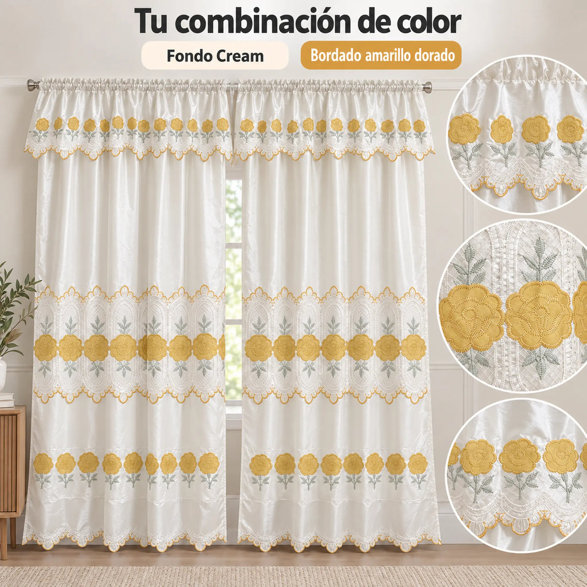 Par de cortinas bordadas satinadas con cenefa, fondo cream con bordado dorado – combinación de color