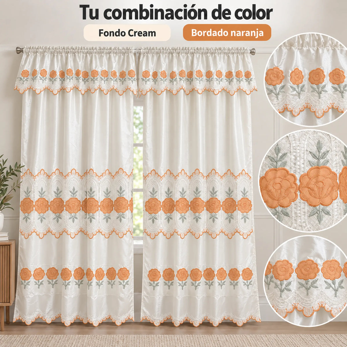 Par de cortinas bordadas satinadas con cenefa, fondo cream con bordado naranja coral – combinación de color