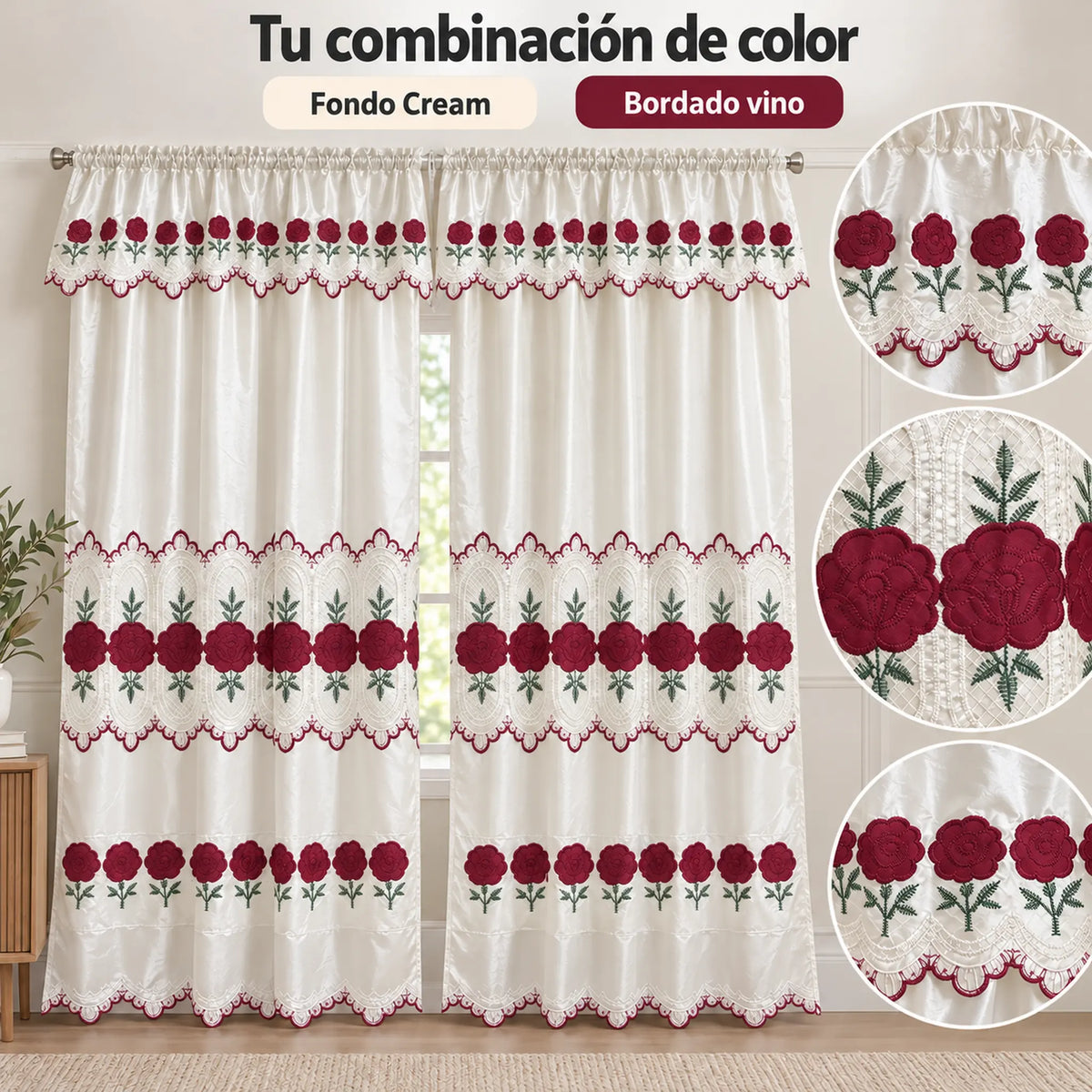 Par de cortinas bordadas satinadas con cenefa, fondo cream con bordado rojo vino – combinación de color