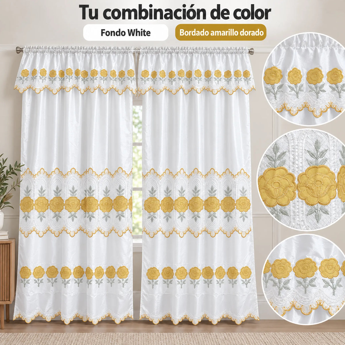 Par de cortinas blancas bordadas satinadas con cenefa, bordado dorado – combinación de color