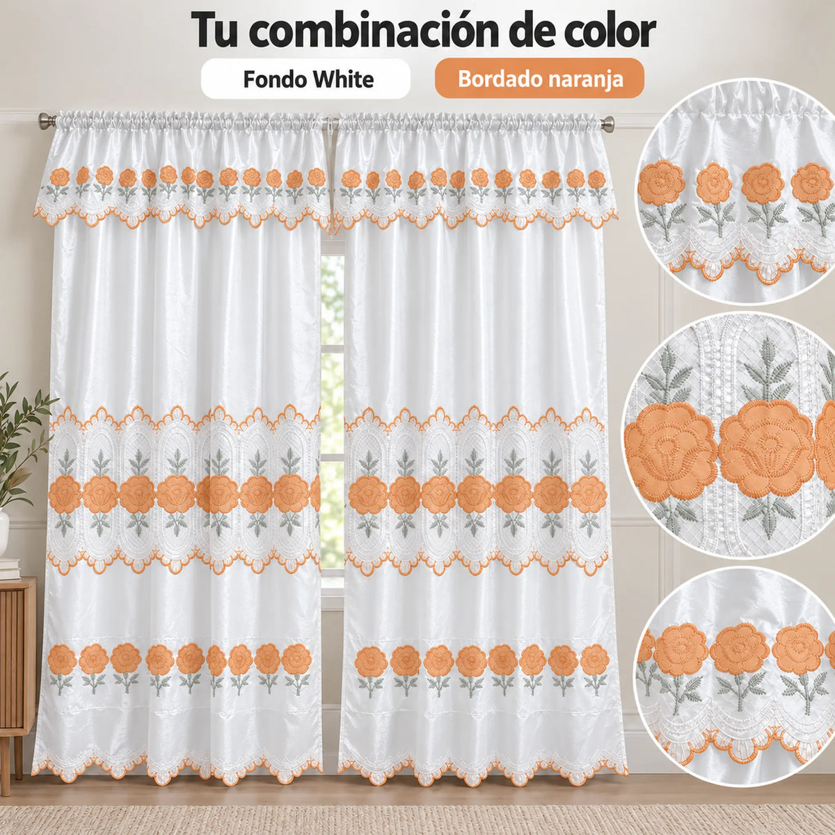 Par de cortinas blancas bordadas satinadas con cenefa, bordado naranja coral – combinación de color