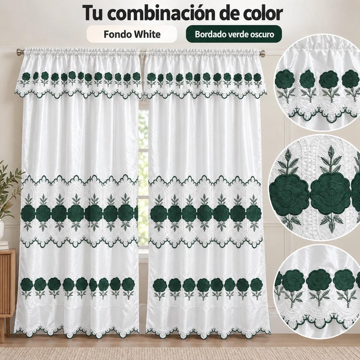 Par de cortinas blancas bordadas satinadas con cenefa, bordado verde esmeralda – combinación de color