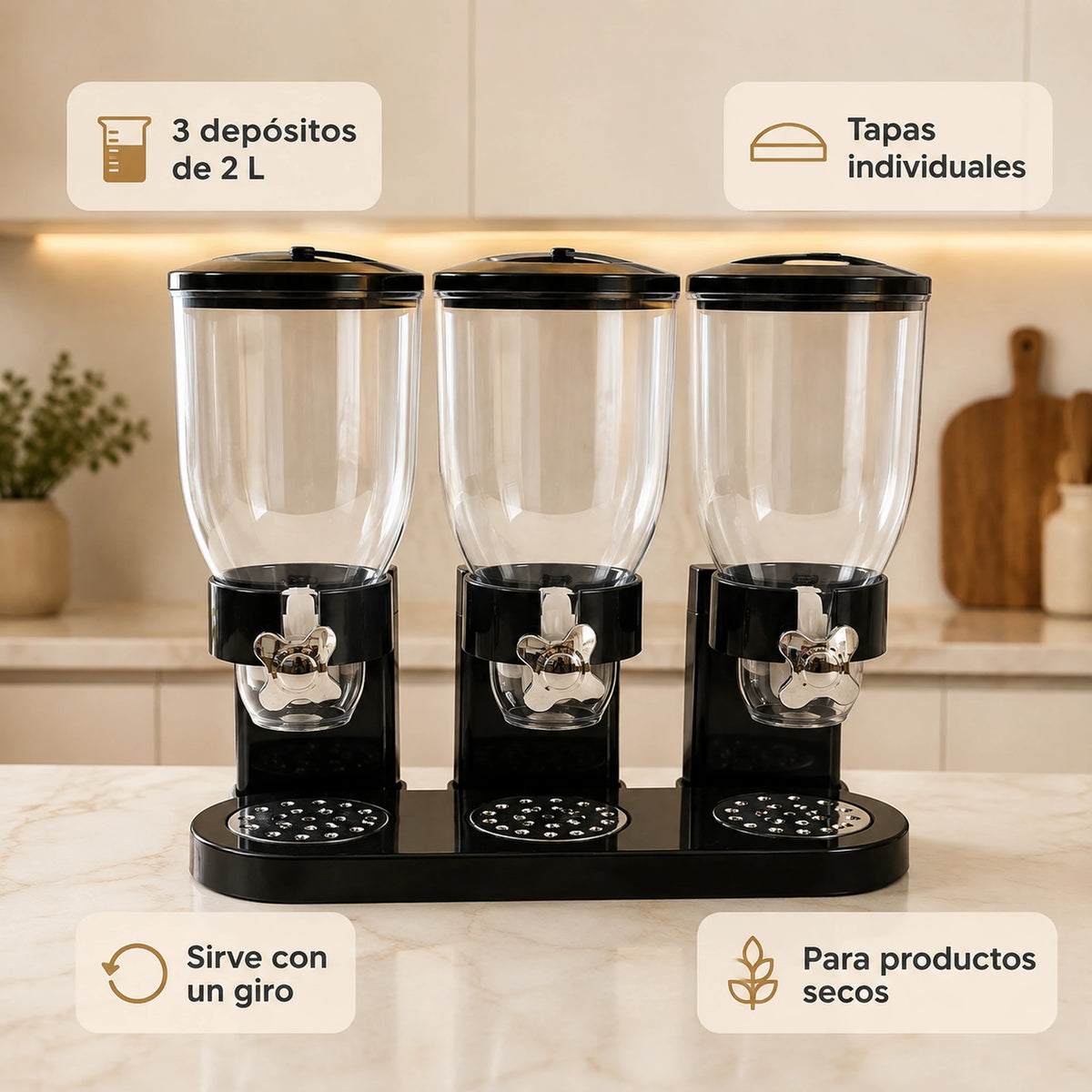 Resumen de beneficios del dispensador de cereal: 3 depósitos de 2L, tapas individuales, sirve con un giro y es para productos secos