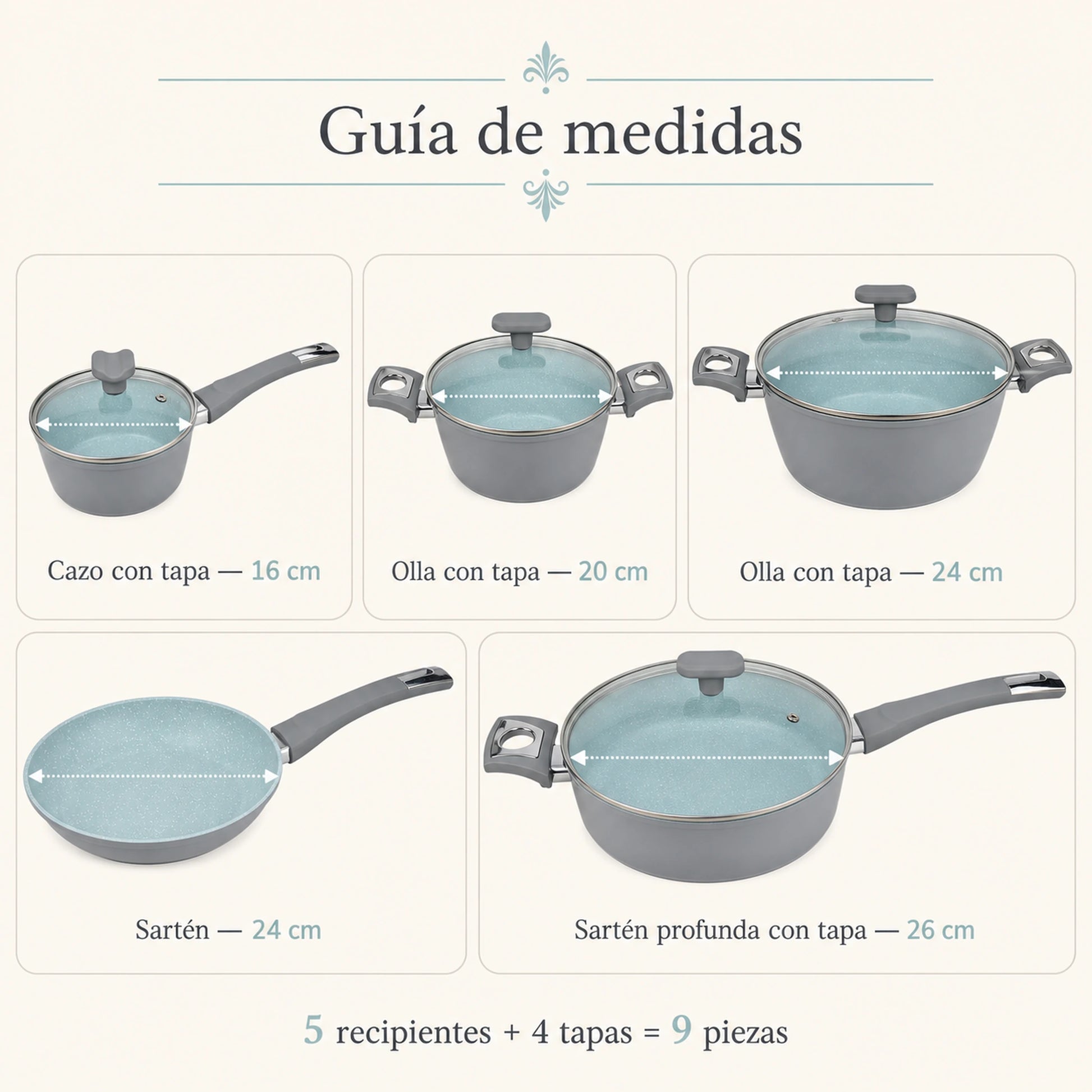 Guía de medidas del set de cocina Hampton Marble de 9 piezas