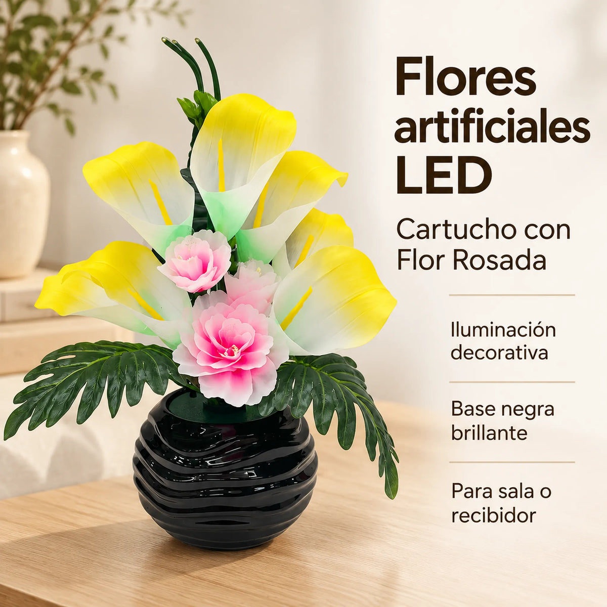 Arreglo de flores artificiales con luz LED, diseño Cala Rosada – resumen de características