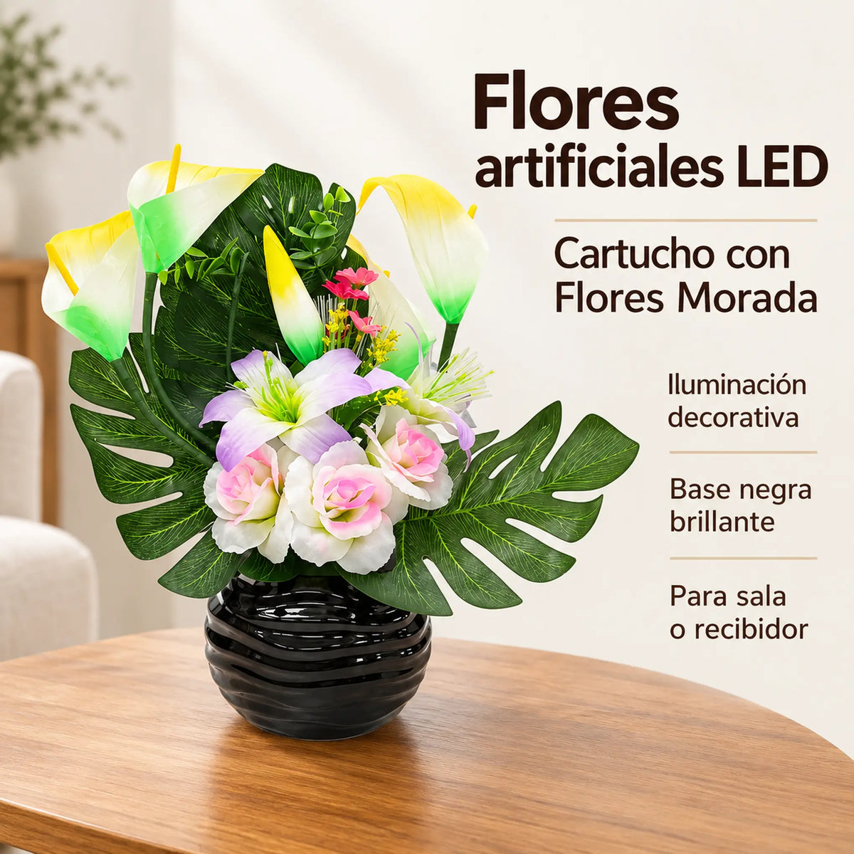 Arreglo de flores artificiales con luz LED, diseño Cala Lila – resumen de características
