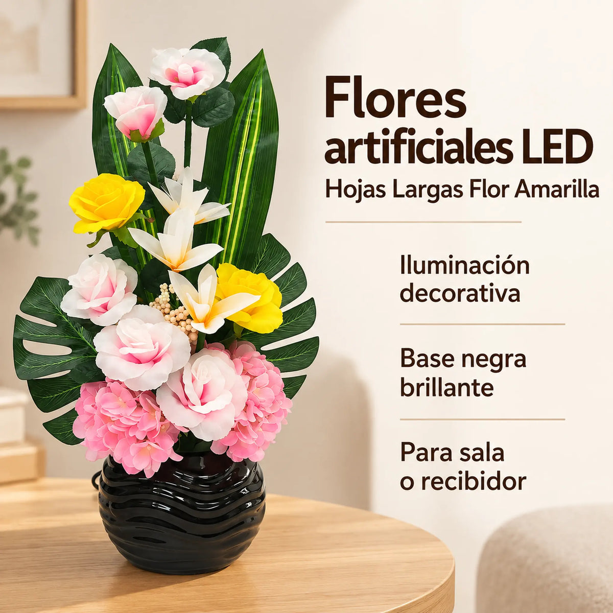 Arreglo de flores artificiales con luz LED, diseño Rosa Primaveral – resumen de características