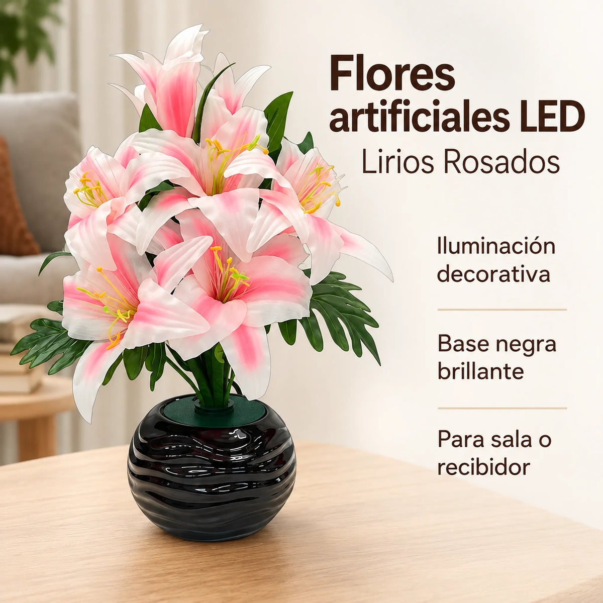 Arreglo de flores artificiales con luz LED, diseño Lirio Rosado – resumen de características