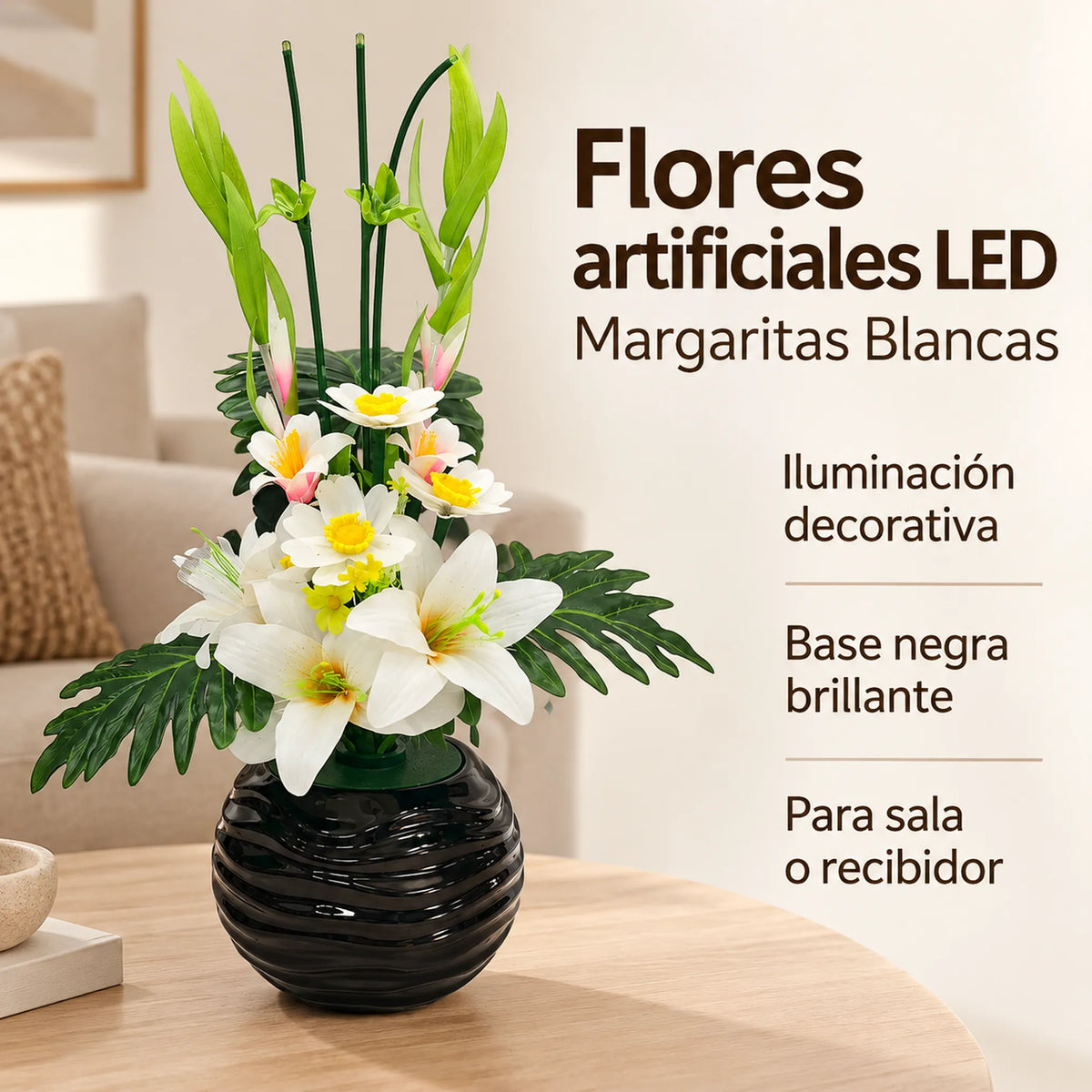 Arreglo de flores artificiales con luz LED, diseño Lirio Blanco – resumen de características