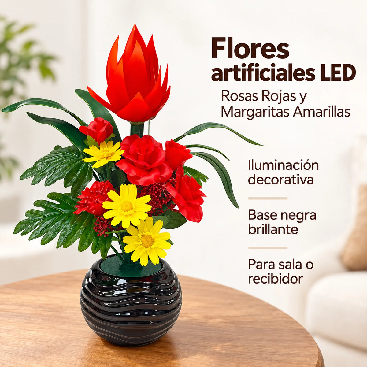 Arreglo de flores artificiales con luz LED, diseño Rojo Tropical – resumen de características