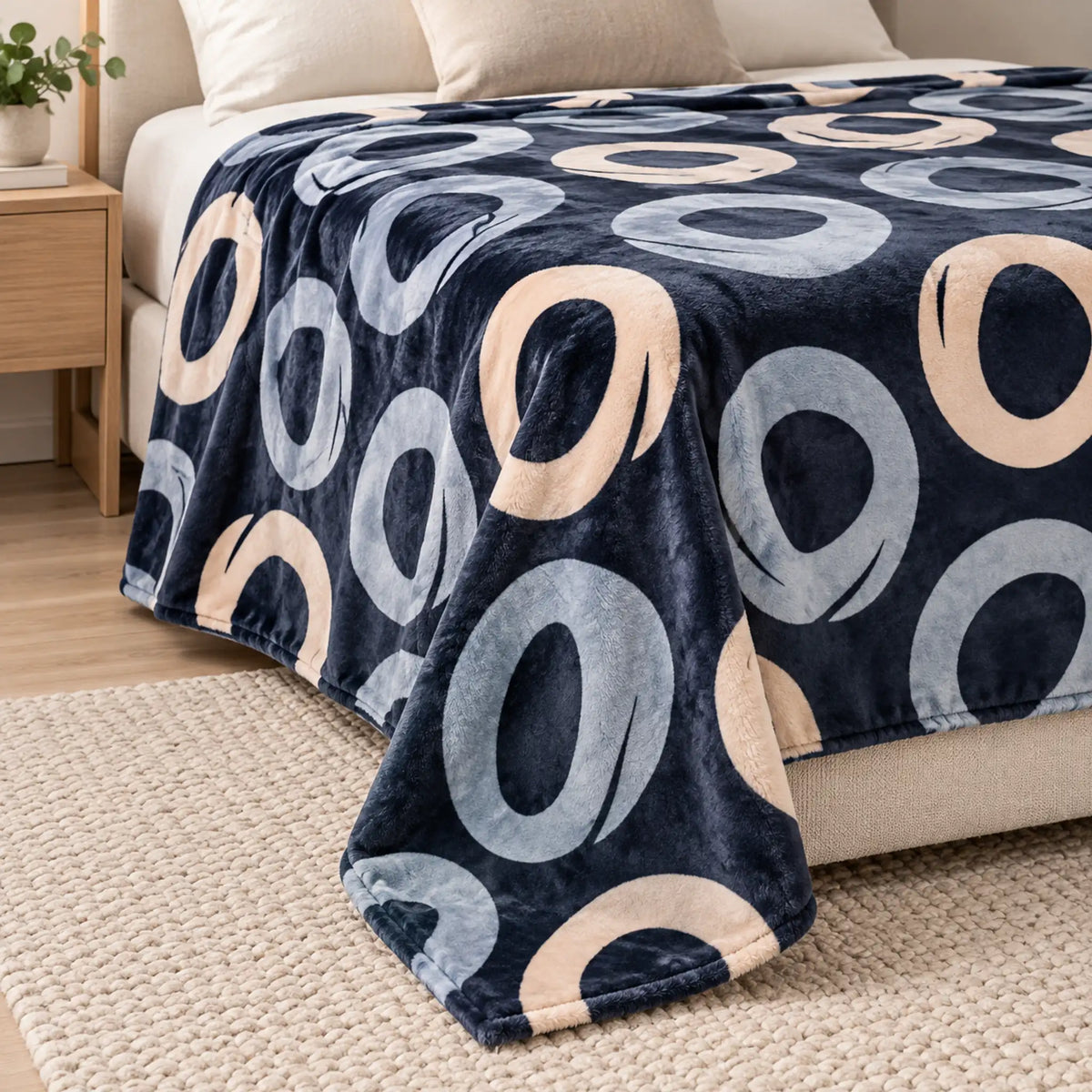 Frazada estampada afelpada 200 x 240 cm, diseño Aros Azul Marino – grosor y caída