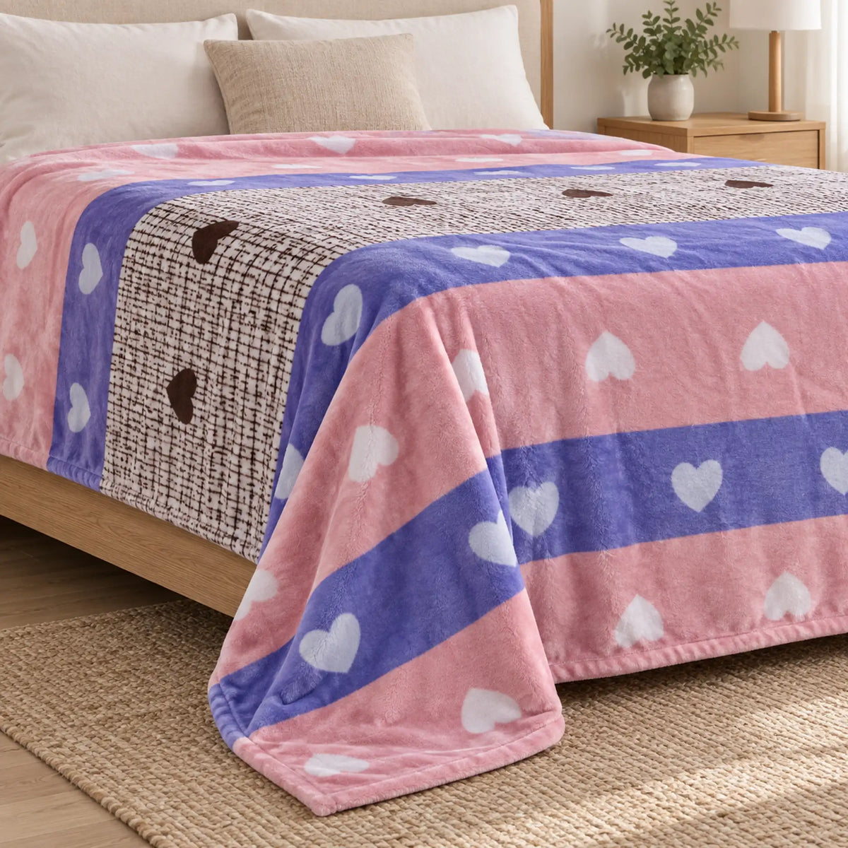 Frazada estampada afelpada 200 x 240 cm, diseño Corazones Multicolor – grosor y caída