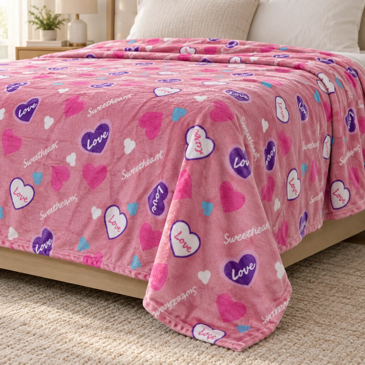 Frazada estampada afelpada 200 x 240 cm, diseño Corazones Rosa – grosor y caída