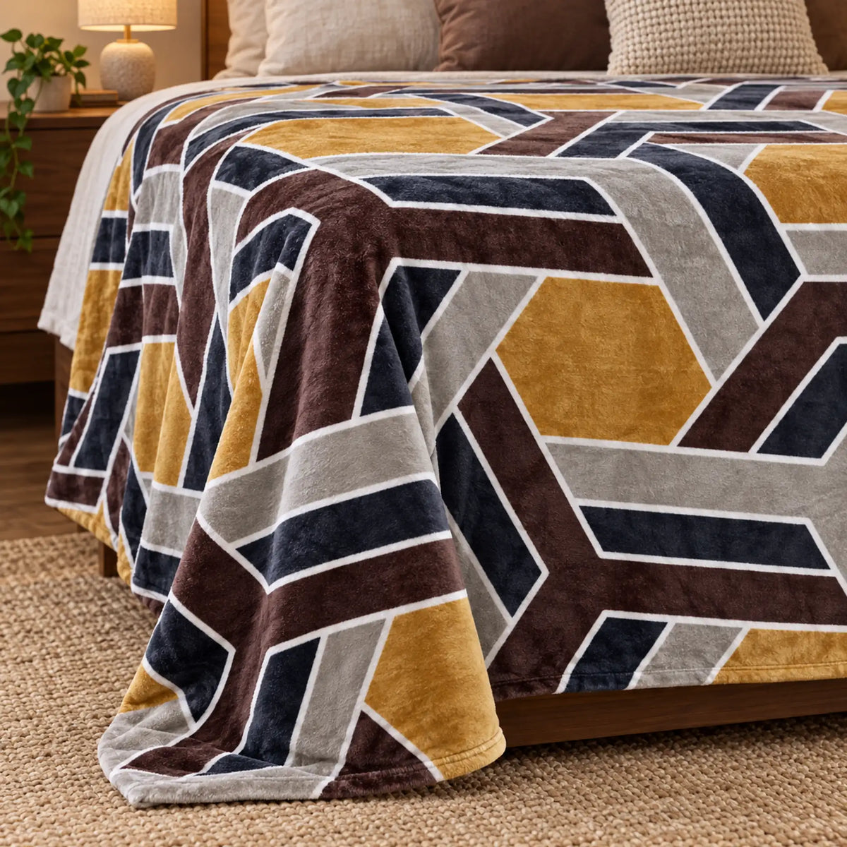 Frazada estampada afelpada 200 x 240 cm, diseño Geométrico Mostaza – grosor y caída