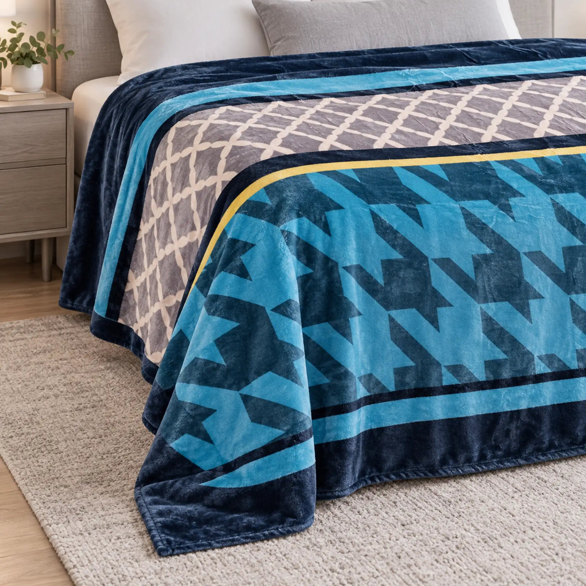 Frazada estampada afelpada 200 x 240 cm, diseño Geométrico Turquesa – grosor y caída