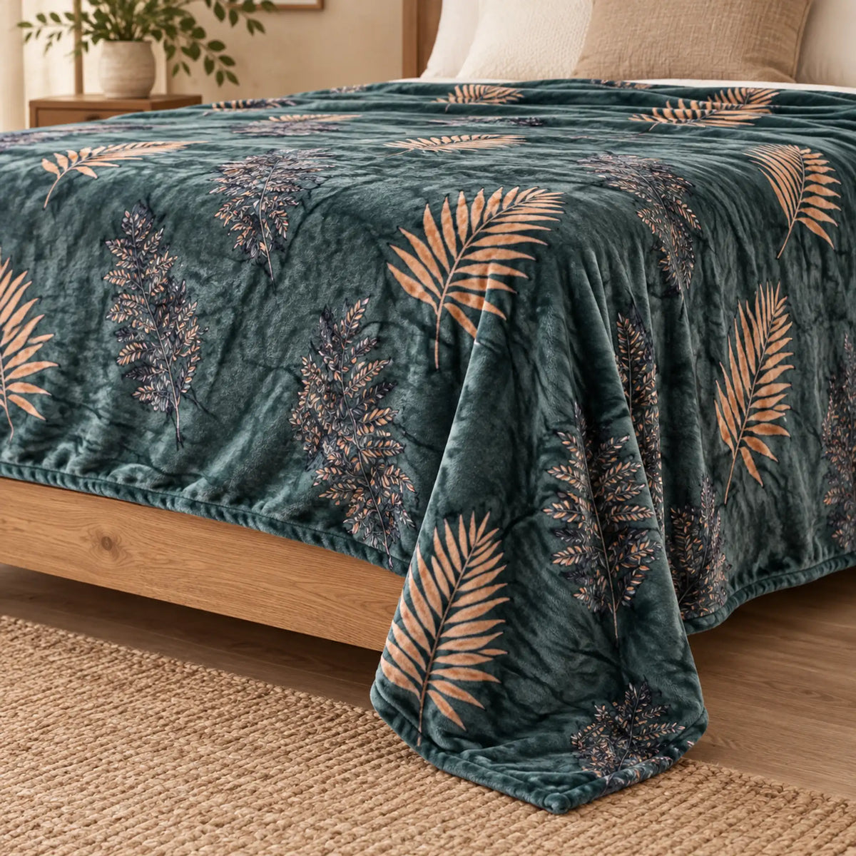 Frazada estampada afelpada 200 x 240 cm, diseño Hojas Tropicales Verde – grosor y caída