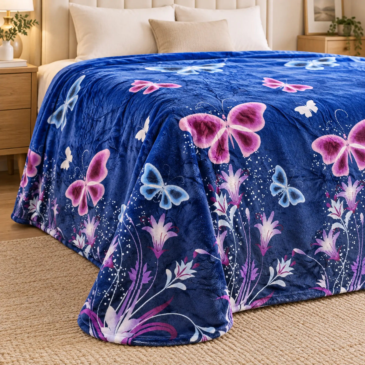 Frazada estampada afelpada 200 x 240 cm, diseño Mariposas Azul Marino – grosor y caída