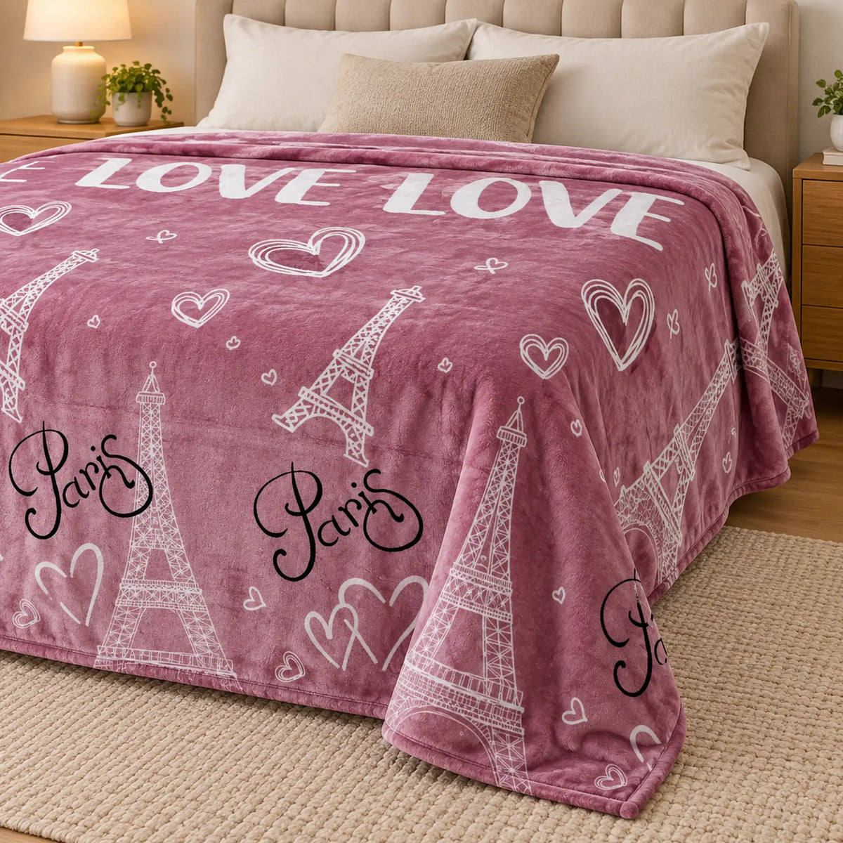 Frazada estampada afelpada 200 x 240 cm, diseño París Rosa – grosor y caída