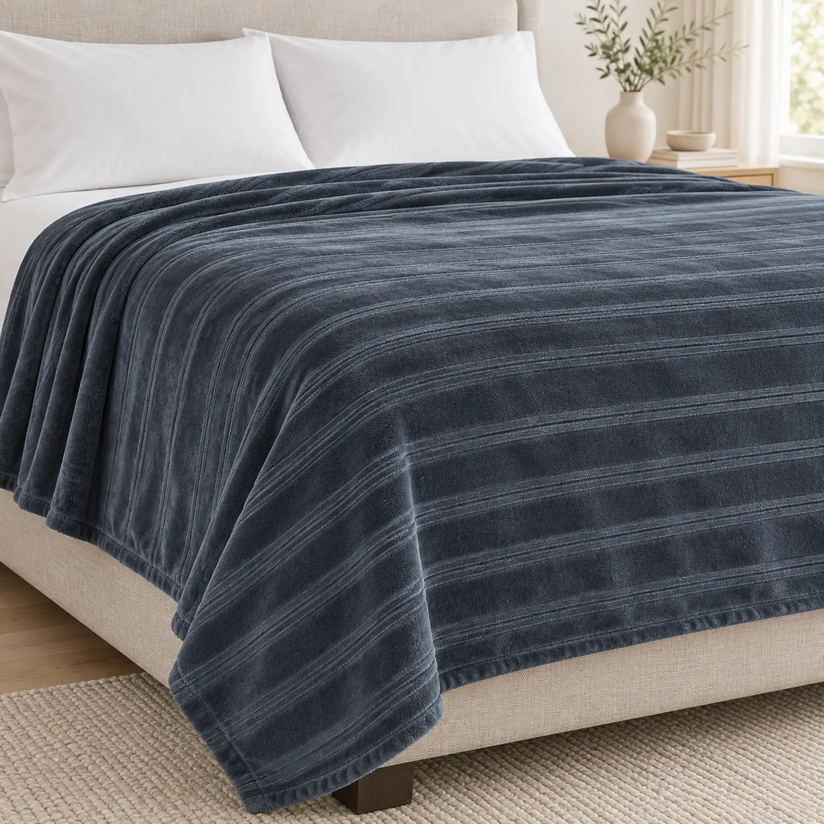 Frazada full gris de 180 x 220 cm con rayas en relieve – brillo tornasol sutil