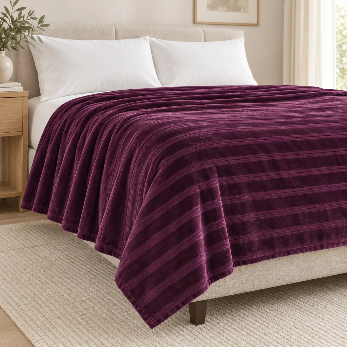 Frazada full morado de 180 x 220 cm con rayas en relieve – brillo tornasol sutil
