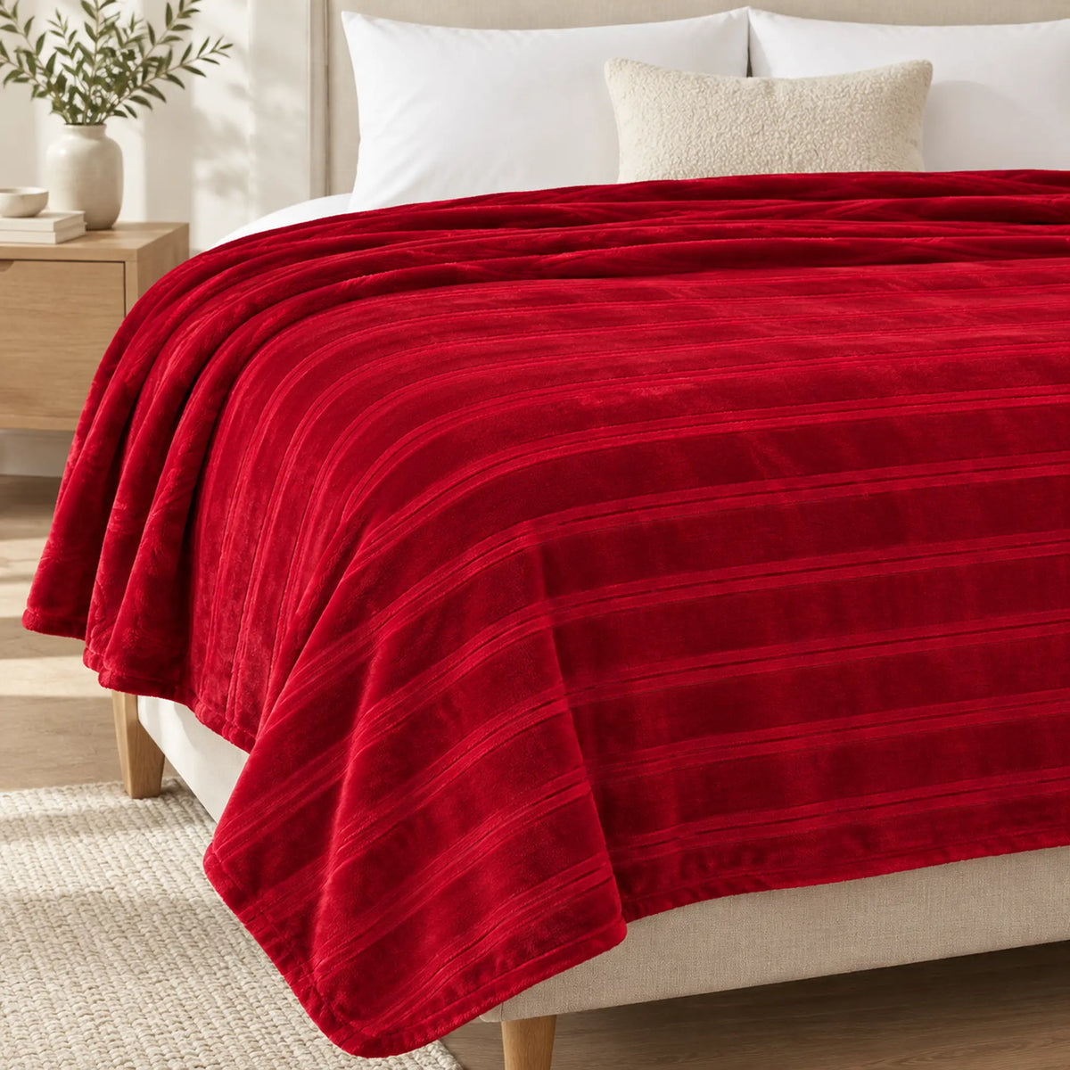 Frazada full roja de 180 x 220 cm con rayas en relieve – brillo tornasol sutil