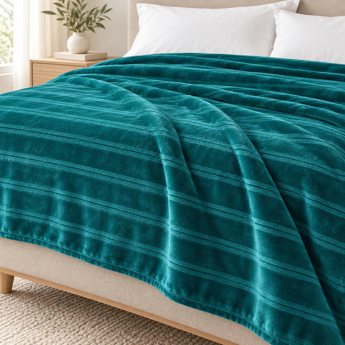 Frazada full turquesa de 180 x 220 cm con rayas en relieve – brillo tornasol sutil
