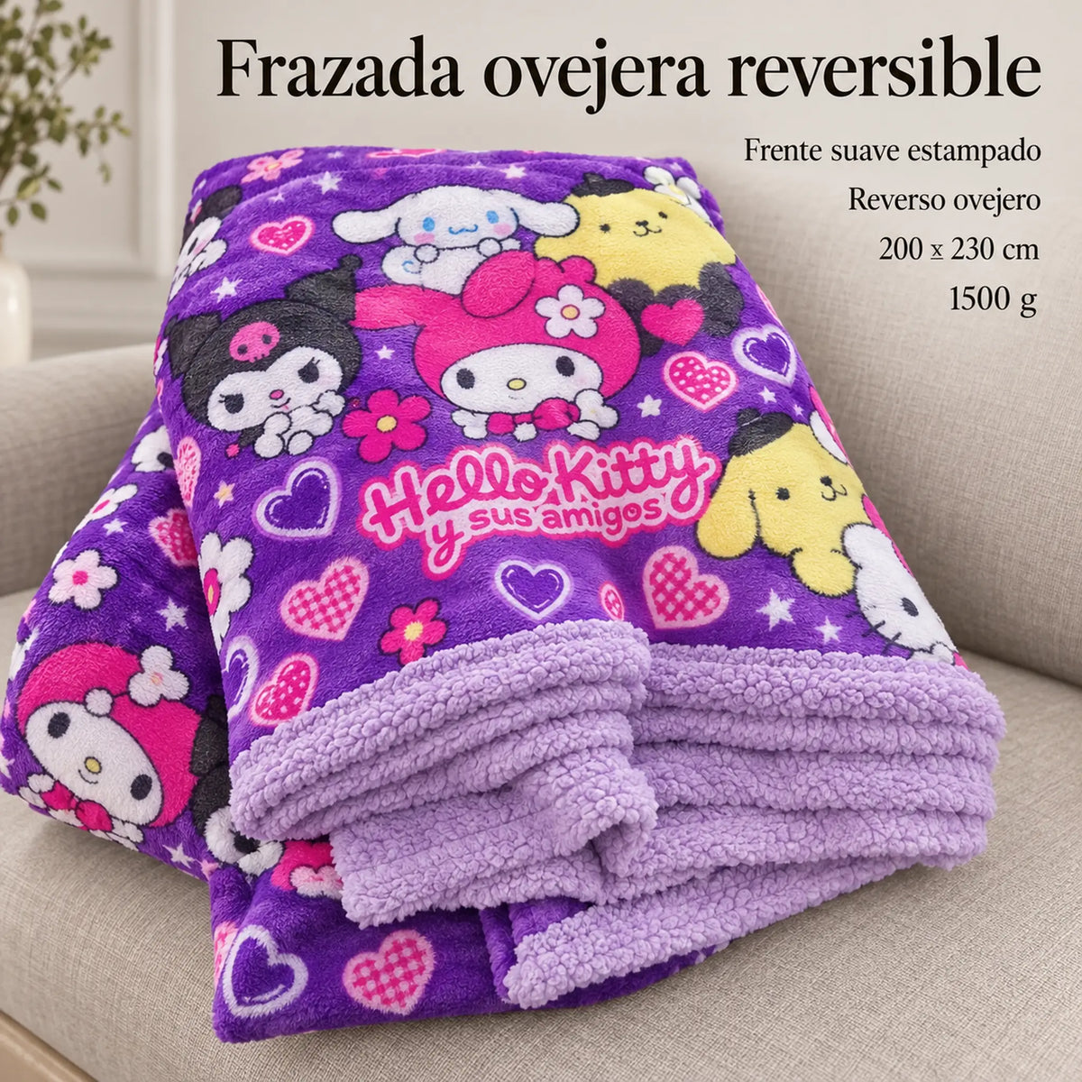 Frazada reversible piel de oveja, diseño Hello Kitty, resumen de características